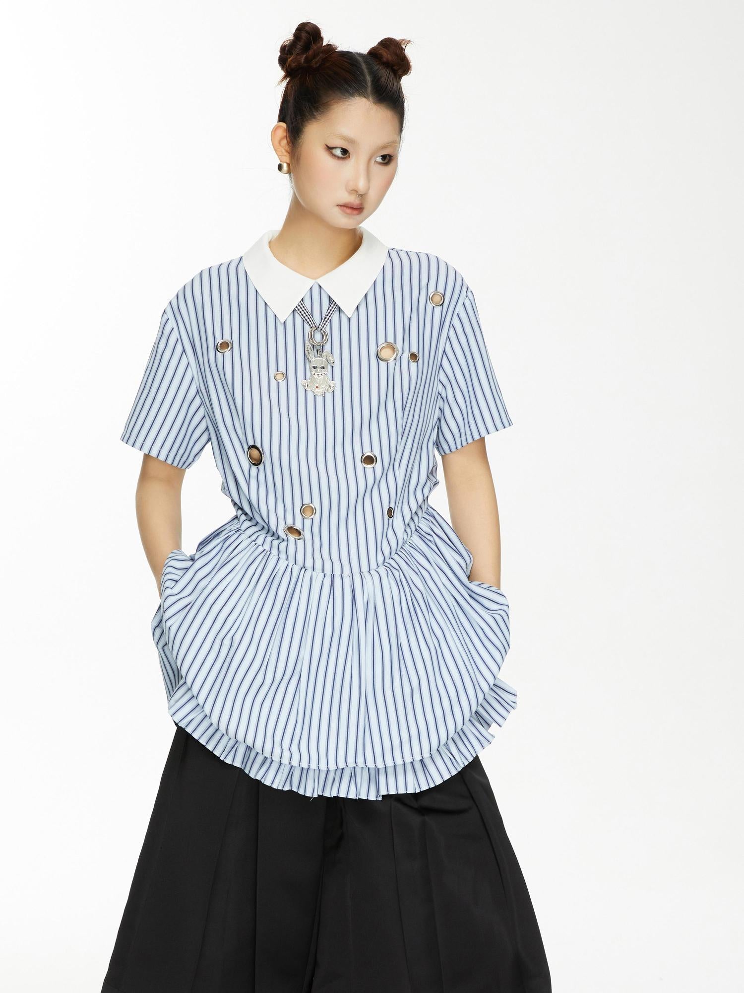 YOSHUYUKI Yoshu Yuki Striped Shirt Dress With Eyelet Punk Trim