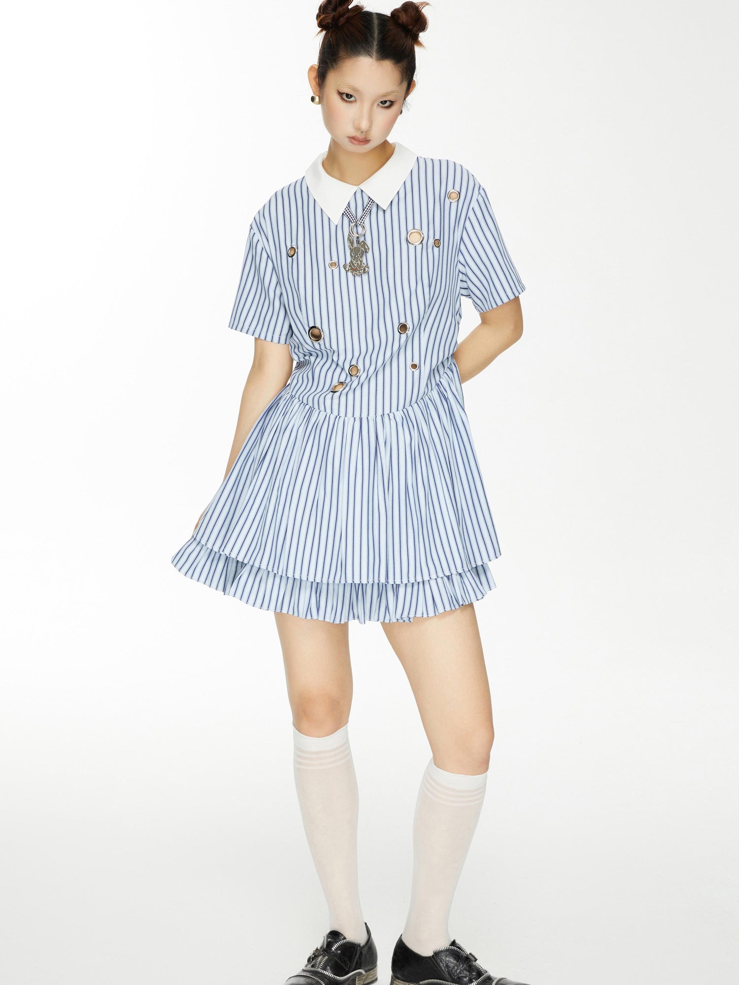 YOSHUYUKI Yoshu Yuki Striped Shirt Dress With Eyelet Punk Trim