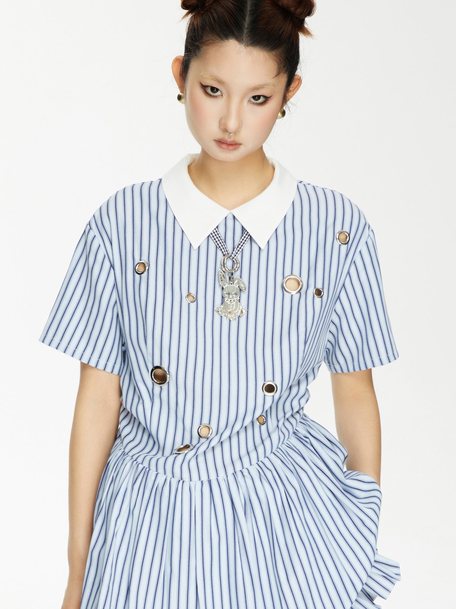 YOSHUYUKI Yoshu Yuki Striped Shirt Dress With Eyelet Punk Trim