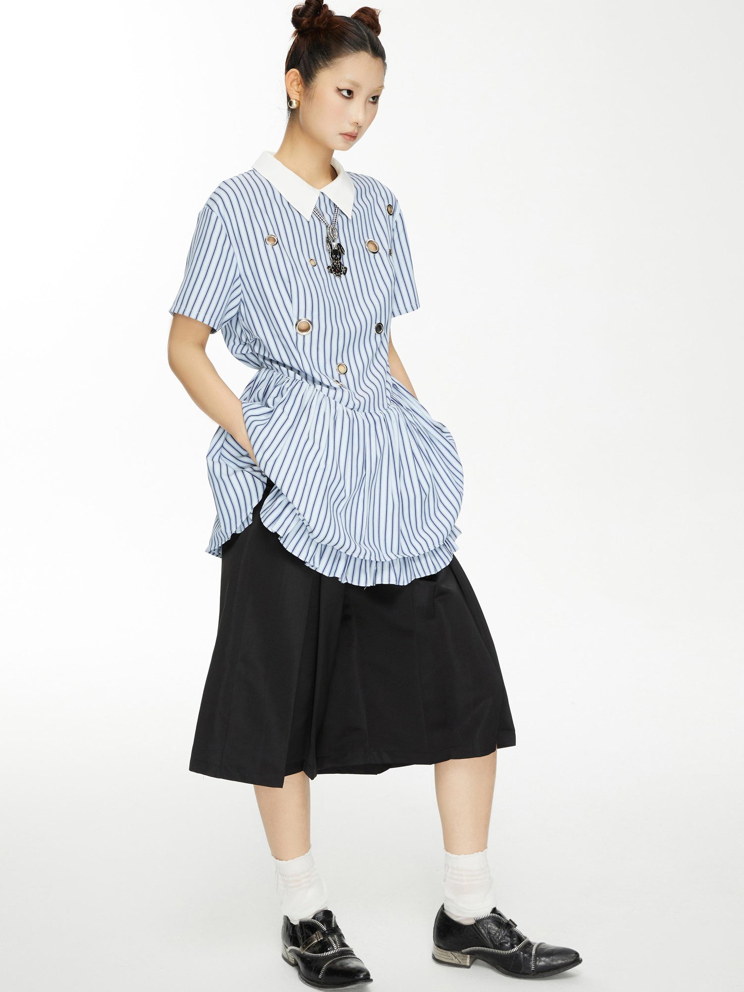 YOSHUYUKI Yoshu Yuki Striped Shirt Dress With Eyelet Punk Trim