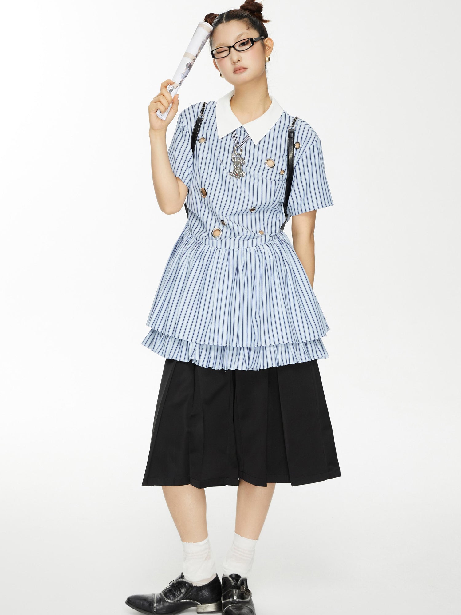 YOSHUYUKI Yoshu Yuki Striped Shirt Dress With Eyelet Punk Trim