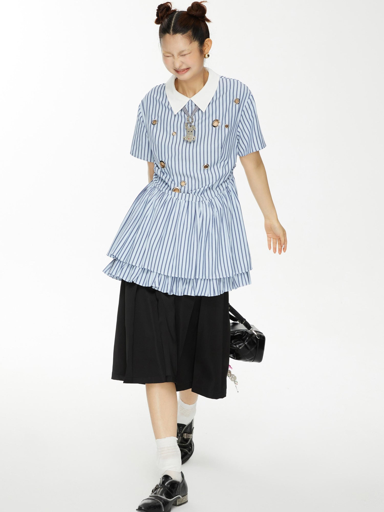 YOSHUYUKI Yoshu Yuki Striped Shirt Dress With Eyelet Punk Trim