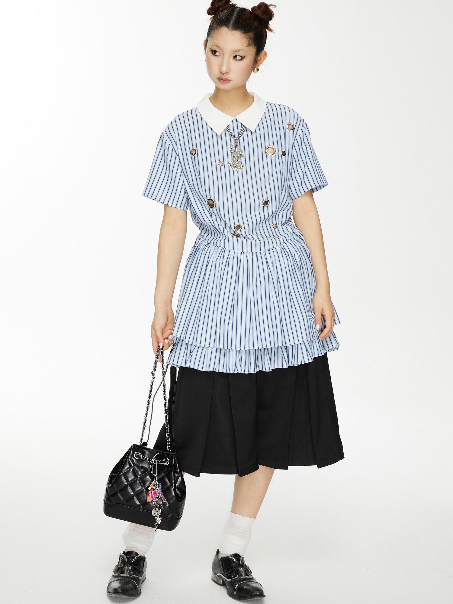 YOSHUYUKI Yoshu Yuki Striped Shirt Dress With Eyelet Punk Trim