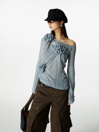 3D Floral Embroidered Relaxed Knit Shirt
