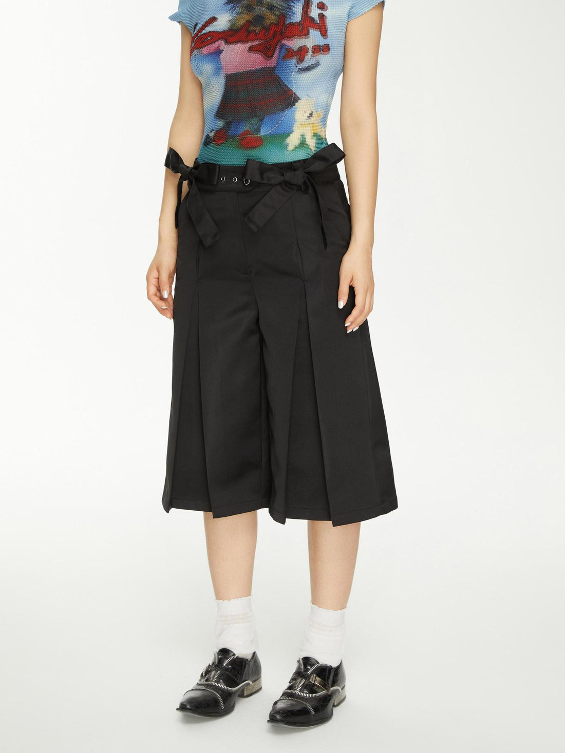 YOSHUYUKI Yoshuyuki Bow Trim Wide Leg Trousers In Black Satin