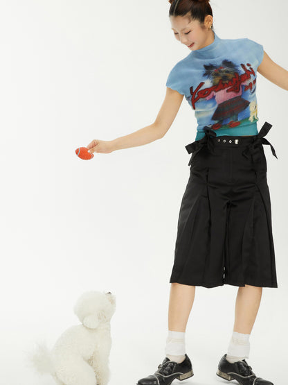 YOSHUYUKI Yoshuyuki Bow Trim Wide Leg Trousers In Black Satin