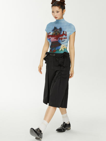 YOSHUYUKI Yoshuyuki Bow Trim Wide Leg Trousers In Black Satin