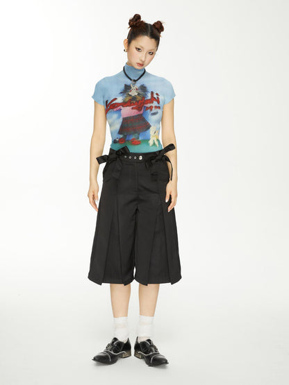 YOSHUYUKI Yoshuyuki Bow Trim Wide Leg Trousers In Black Satin