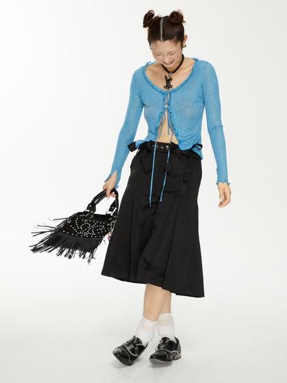 YOSHUYUKI Yoshuyuki Bow Trim Wide Leg Trousers In Black Satin