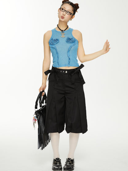 YOSHUYUKI Yoshuyuki Bow Trim Wide Leg Trousers In Black Satin