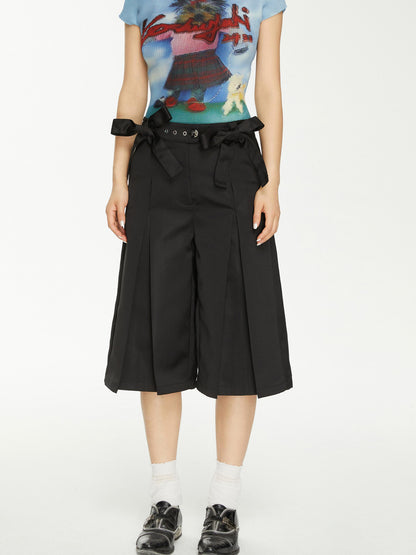 YOSHUYUKI Yoshuyuki Bow Trim Wide Leg Trousers In Black Satin