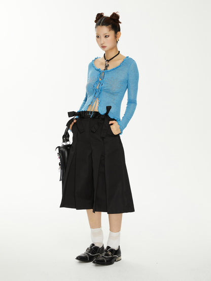 YOSHUYUKI Yoshuyuki Bow Trim Wide Leg Trousers In Black Satin