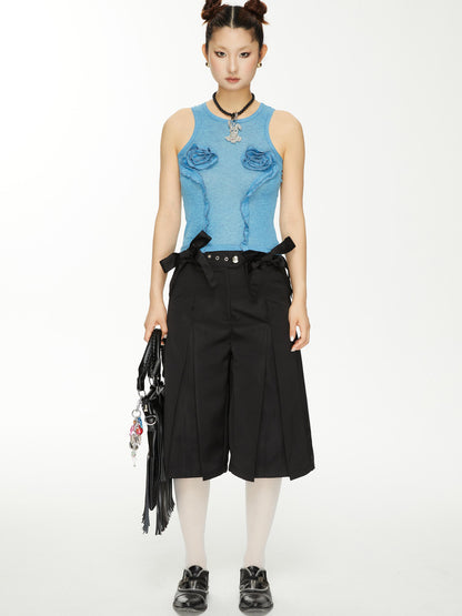 YOSHUYUKI Yoshuyuki Bow Trim Wide Leg Trousers In Black Satin
