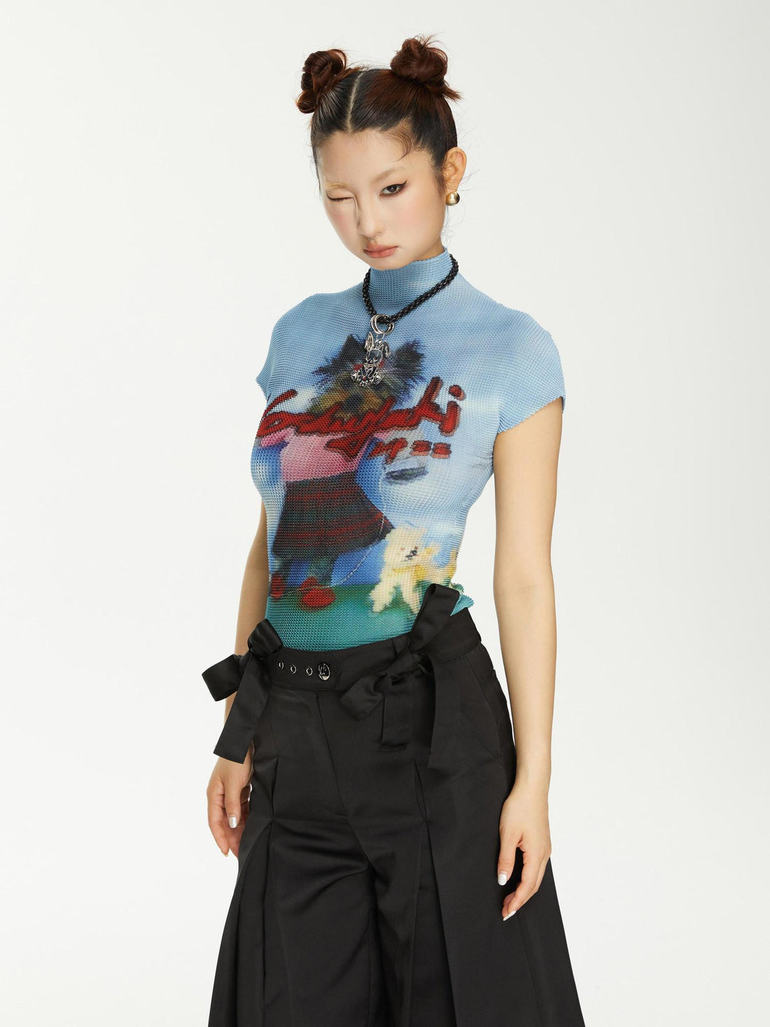 YOSHUYUKI Yoshuyuki Dancing Dog Print Stretch Ruffle Vintage Tee