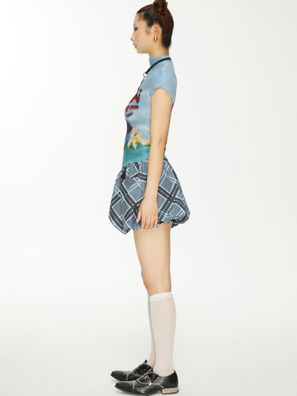 YOSHUYUKI Yoshuyuki Dancing Dog Print Stretch Ruffle Vintage Tee