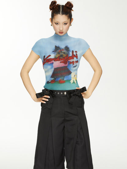 YOSHUYUKI Yoshuyuki Dancing Dog Print Stretch Ruffle Vintage Tee