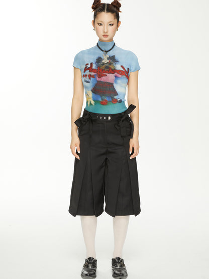 YOSHUYUKI Yoshuyuki Dancing Dog Print Stretch Ruffle Vintage Tee