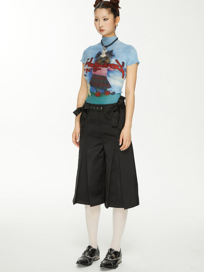 YOSHUYUKI Yoshuyuki Dancing Dog Print Stretch Ruffle Vintage Tee