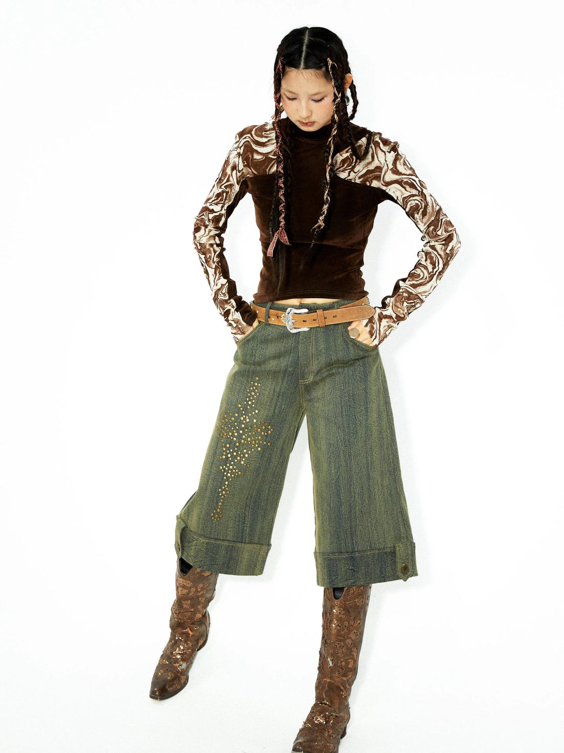 Original Autumn Winter Studded Pattern Washed Jeans