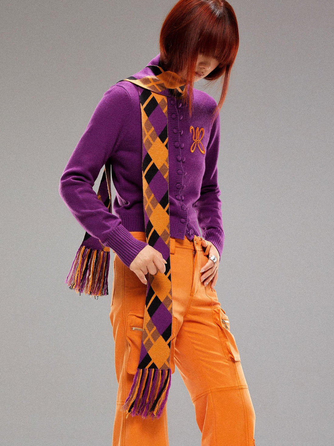 YOSHUYUKI  Island Contrast Check Scarf Orange Purple Jacquard Knit