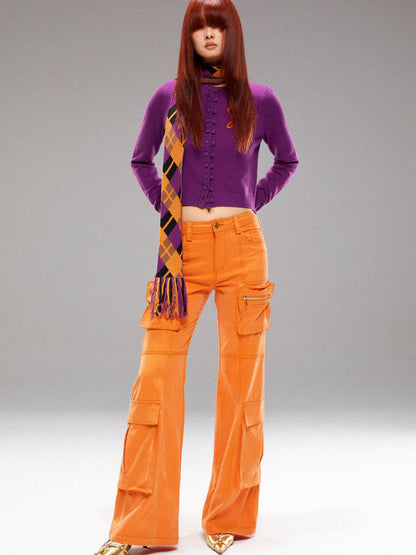 YOSHUYUKI  Island Contrast Check Scarf Orange Purple Jacquard Knit
