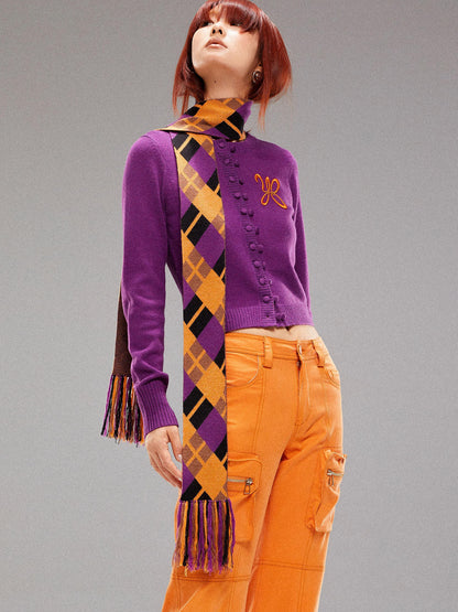YOSHUYUKI  Island Contrast Check Scarf Orange Purple Jacquard Knit