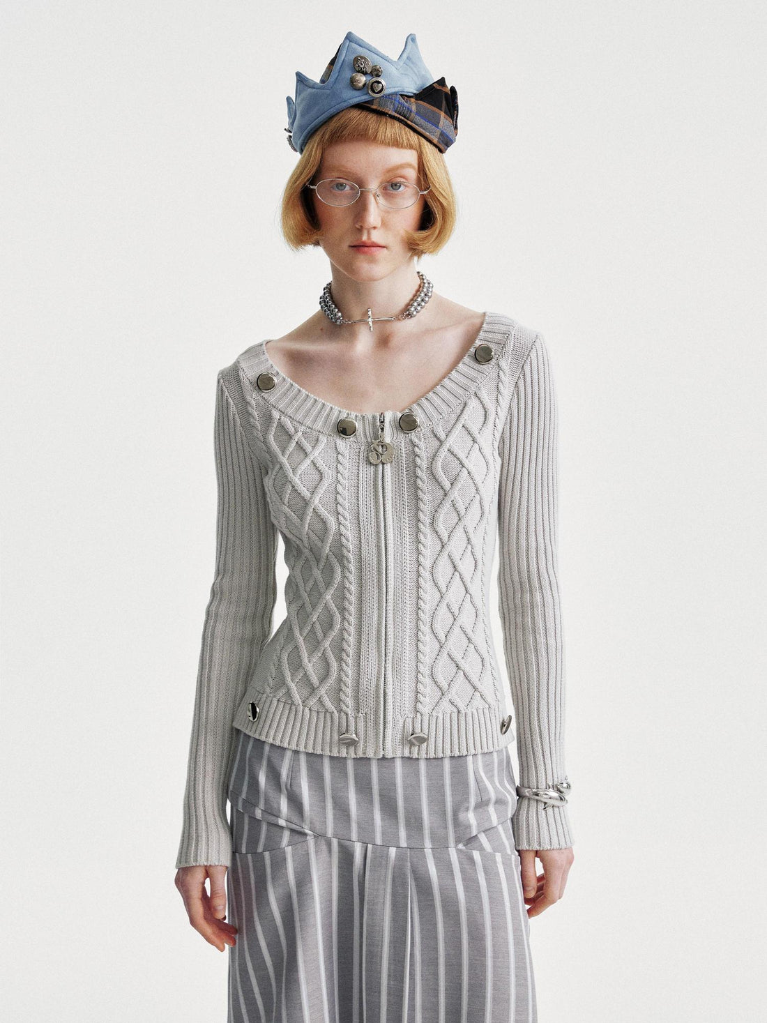 YOSHUYUKI Ysy K Cable Knit Crewneck Sweater Grey Cotton Cardigan