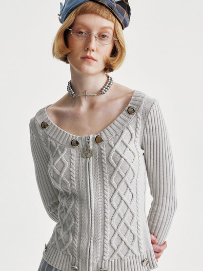 YOSHUYUKI Ysy K Cable Knit Crewneck Sweater Grey Cotton Cardigan