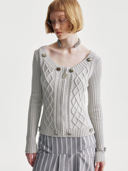YOSHUYUKI Ysy K Cable Knit Crewneck Sweater Grey Cotton Cardigan