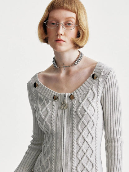 Cable Knit Crewneck Sweater Grey Cotton Cardigan
