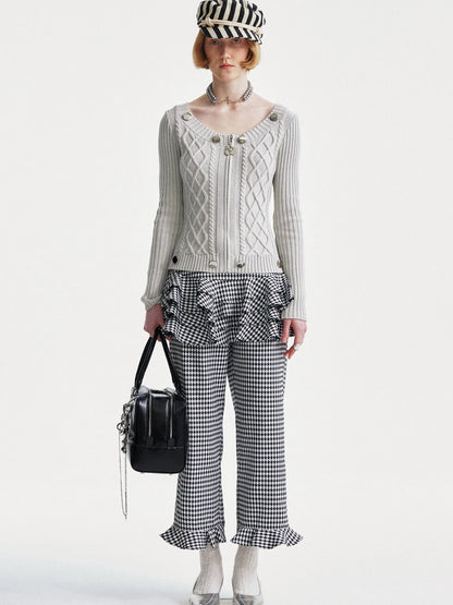 Cable Knit Crewneck Sweater Grey Cotton Cardigan
