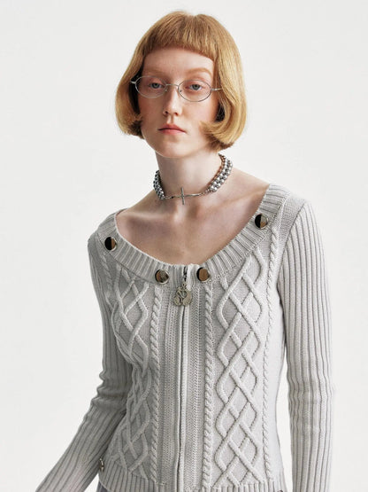 Cable Knit Crewneck Sweater Grey Cotton Cardigan