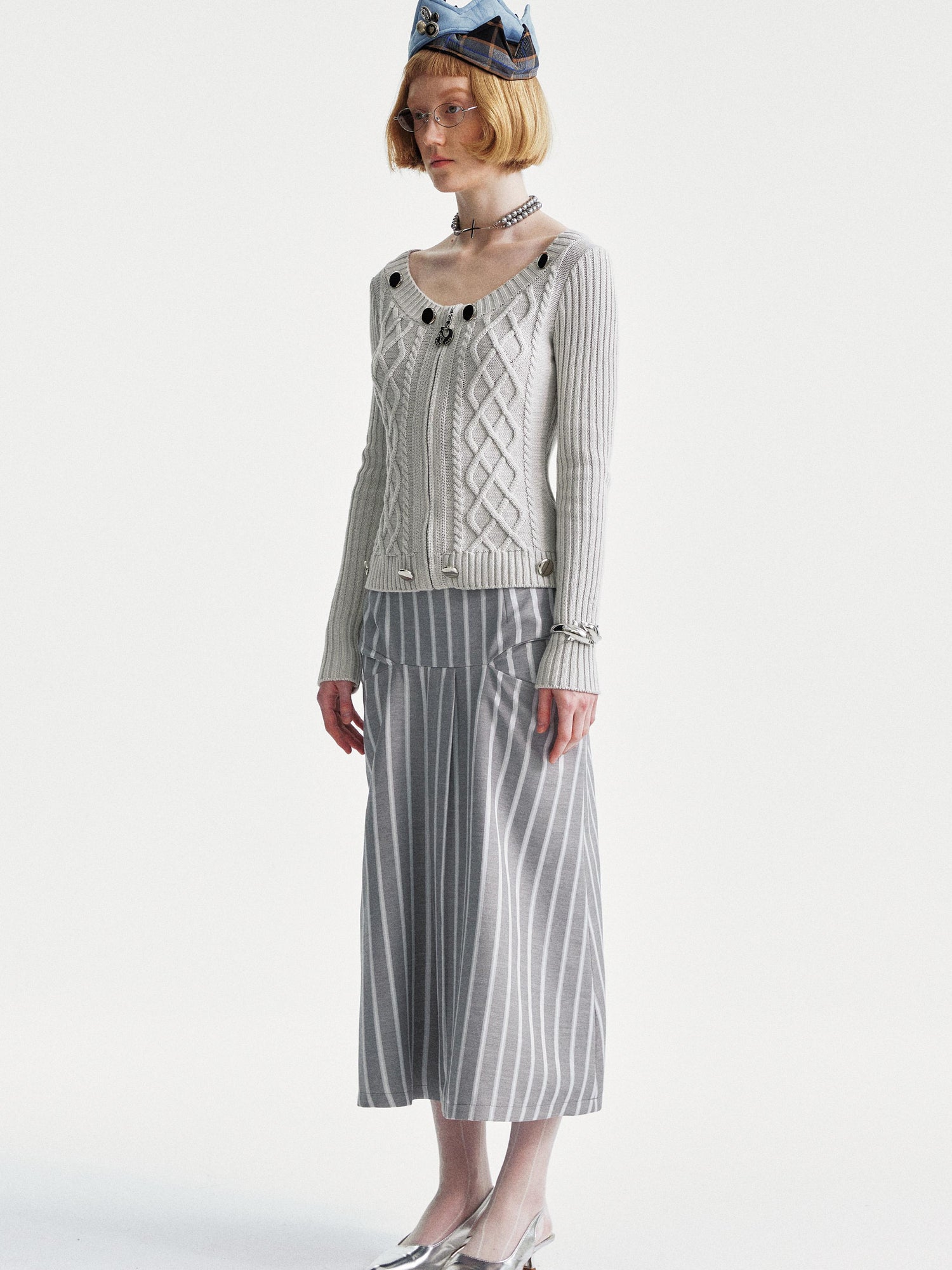 YOSHUYUKI Ysy K Cable Knit Crewneck Sweater Grey Cotton Cardigan