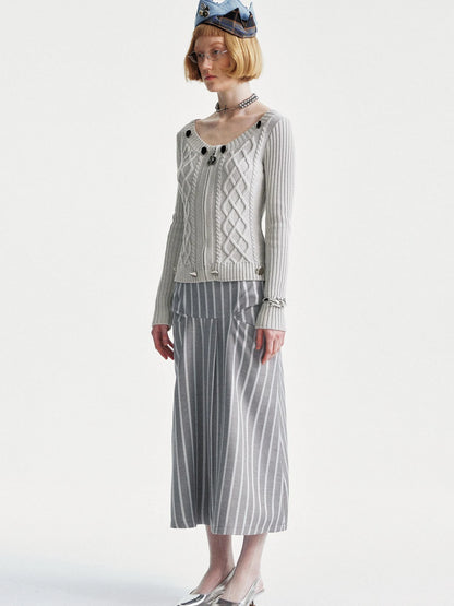 Cable Knit Crewneck Sweater Grey Cotton Cardigan