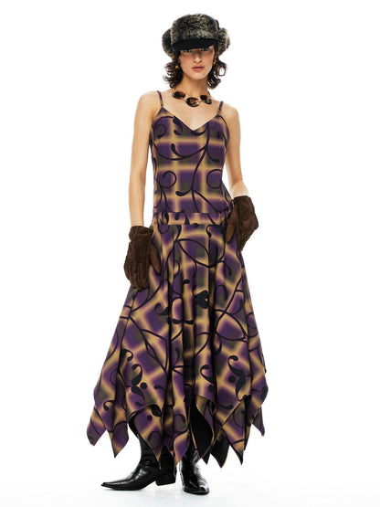YOSHUYUKI  Floral Print Asymmetric Hem Slip Dress