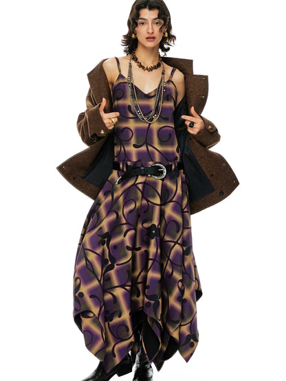Floral Print Asymmetric Hem Slip Dress