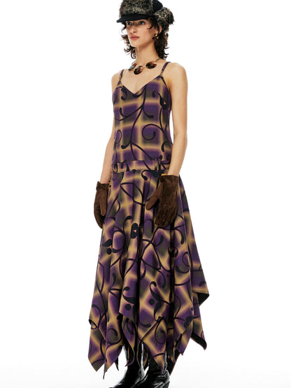 YOSHUYUKI  Floral Print Asymmetric Hem Slip Dress