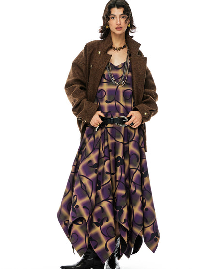YOSHUYUKI  Floral Print Asymmetric Hem Slip Dress