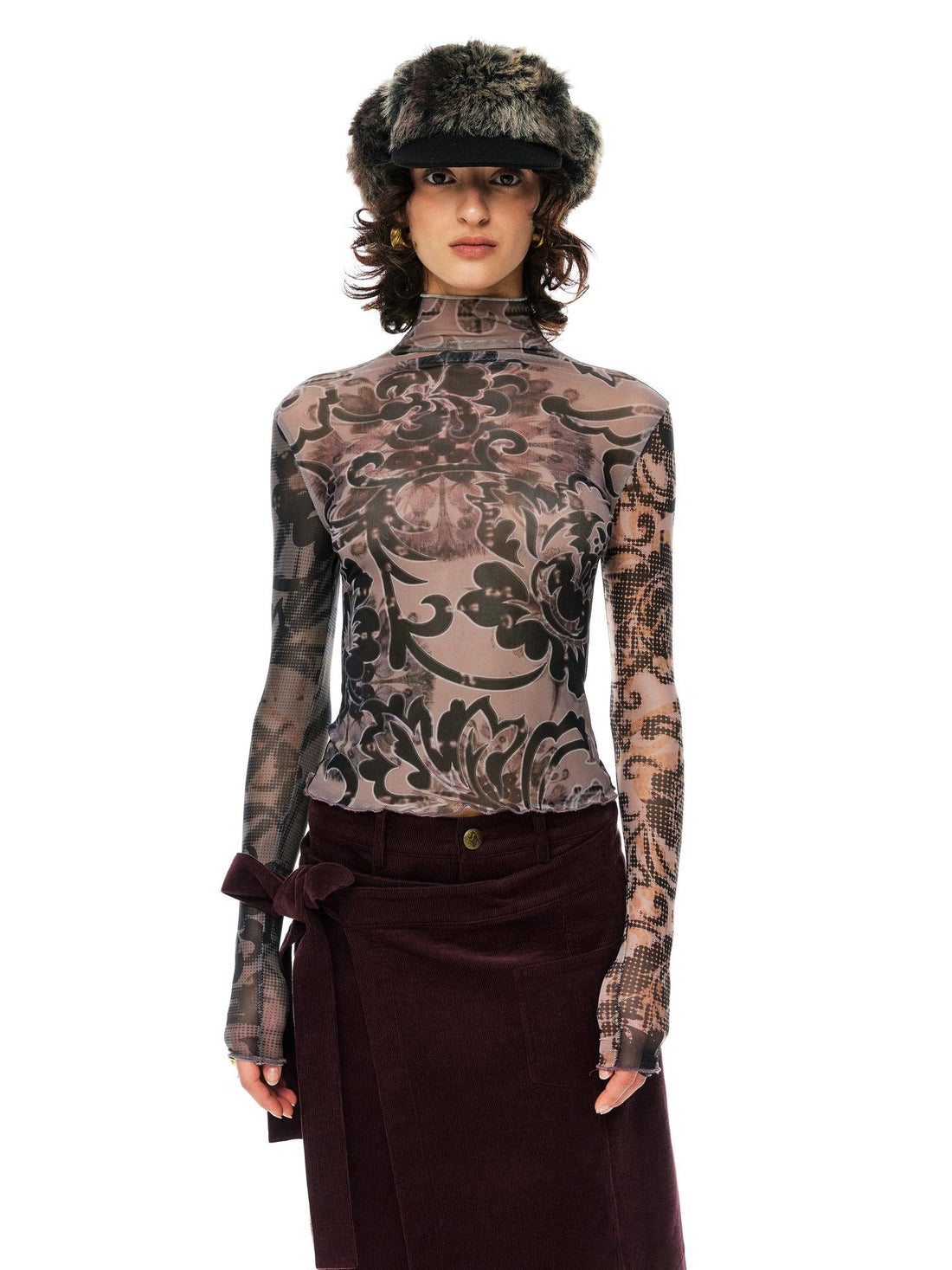 YOSHUYUKI  Floral Print Mesh Top With Vintage Spliced Sleeves