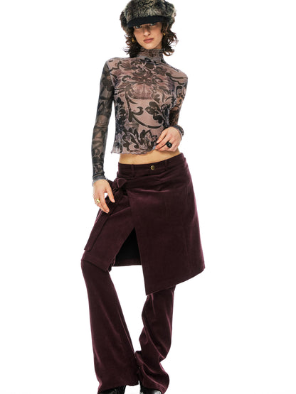 YOSHUYUKI  Floral Print Mesh Top With Vintage Spliced Sleeves