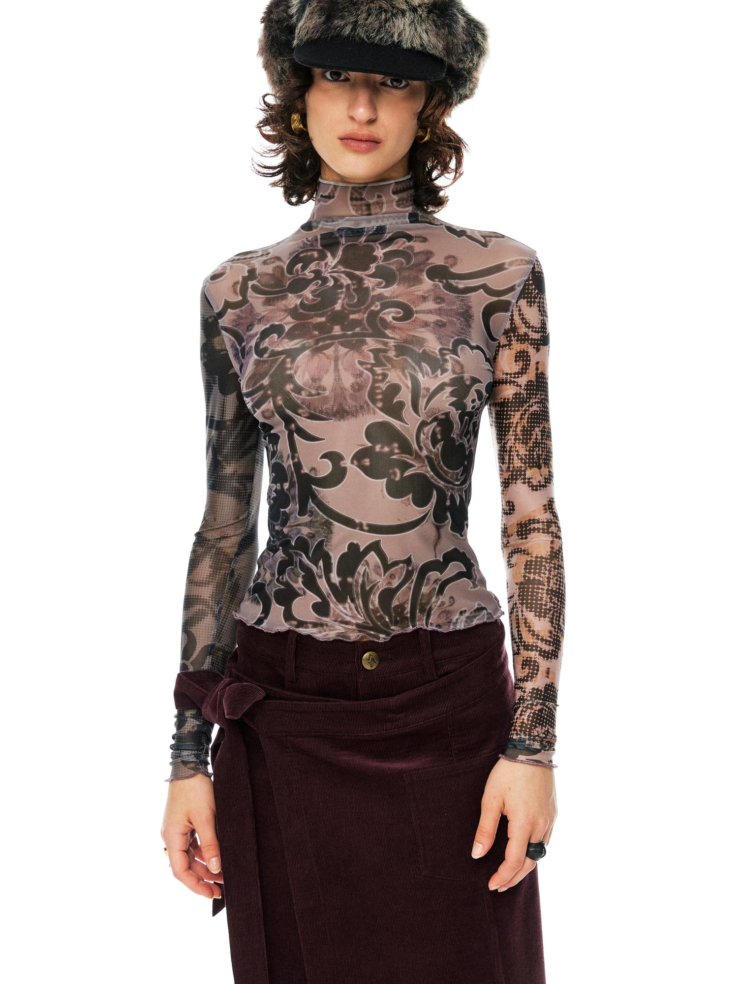 YOSHUYUKI  Floral Print Mesh Top With Vintage Spliced Sleeves