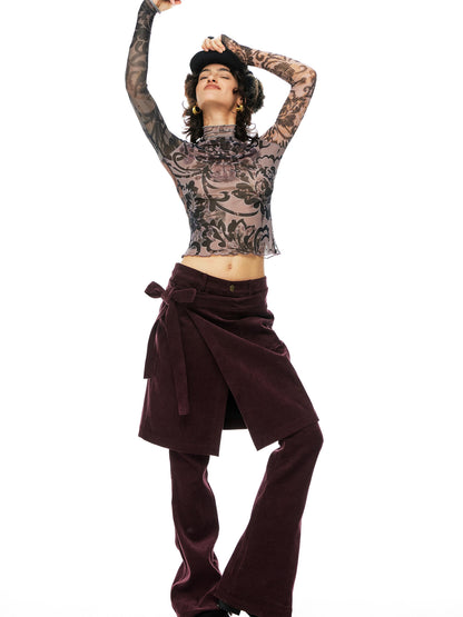 YOSHUYUKI  Floral Print Mesh Top With Vintage Spliced Sleeves