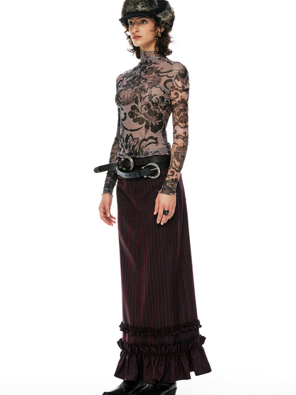 YOSHUYUKI  Floral Print Mesh Top With Vintage Spliced Sleeves