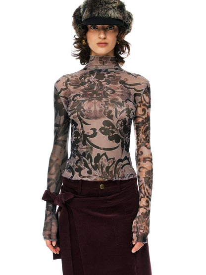 YOSHUYUKI  Floral Print Mesh Top With Vintage Spliced Sleeves