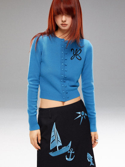 YOSHUYUKI  Island Blue Embroidered Double Breasted Knit Cardigan