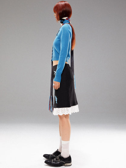 YOSHUYUKI  Island Blue Embroidered Double Breasted Knit Cardigan