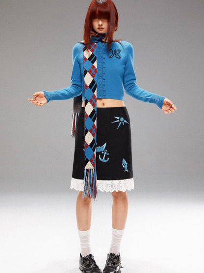 Island Blue Embroidered Double Breasted Knit Cardigan