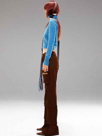 YOSHUYUKI  Island Blue Embroidered Double Breasted Knit Cardigan