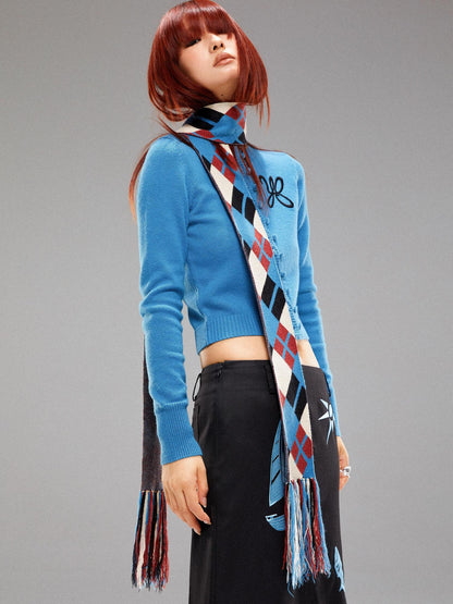YOSHUYUKI  Island Contrast Check Scarf Blue Red Wool Blend Winter Plaid