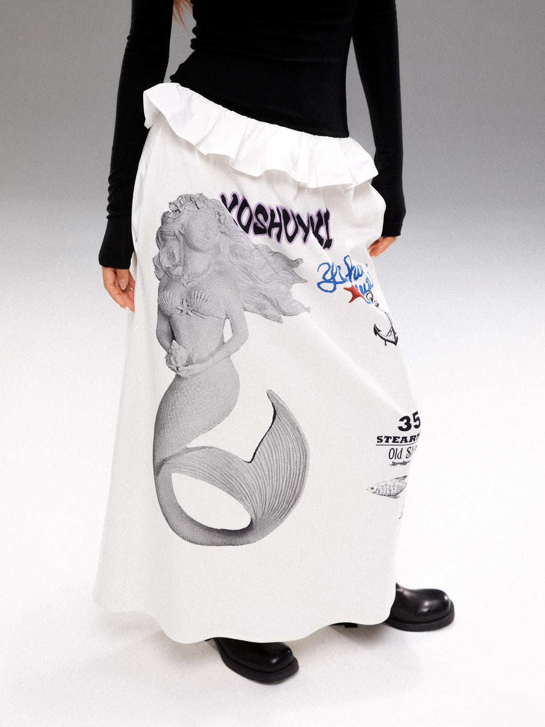 YOSHUYUKI  Island Mermaid Print Stretch Lyocell Midi Skirt